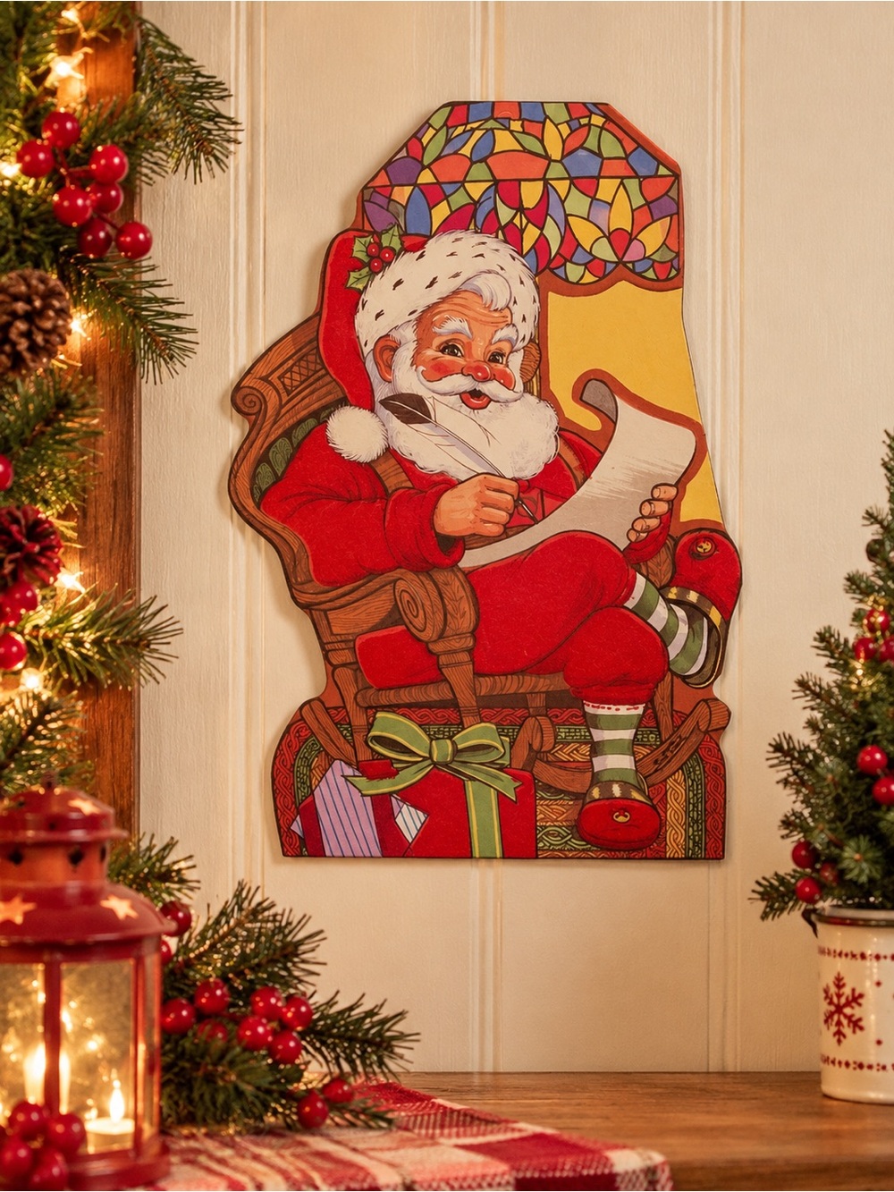 Vintage Christmas Eureka Die Cut Santa Claus Checking Naughty Nice List Flocked